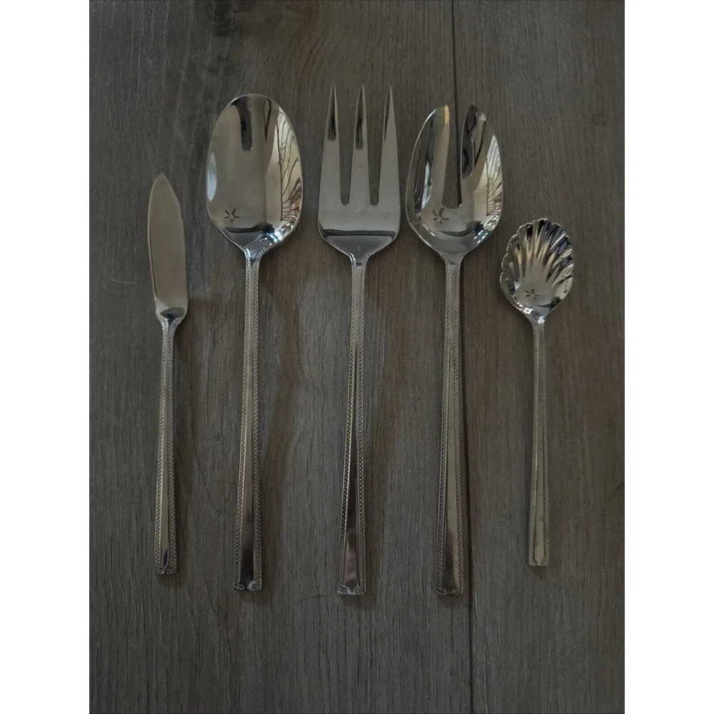 5 PCs ONEIDA SAVORY 18/10 STAINLESS STEEL PIERCED SERVING SPOON & COLD MEAT FORK